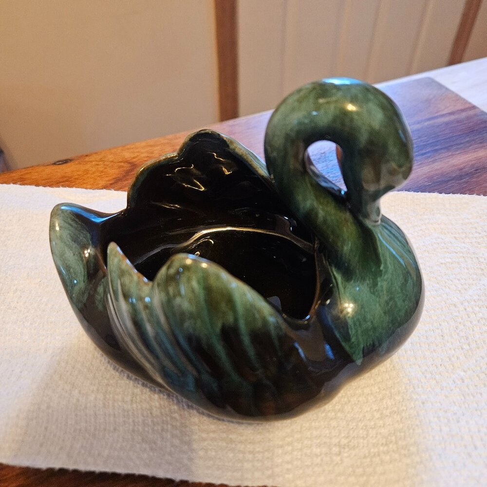 blue mountain pottery swan  planter black green drip glaze  figurine